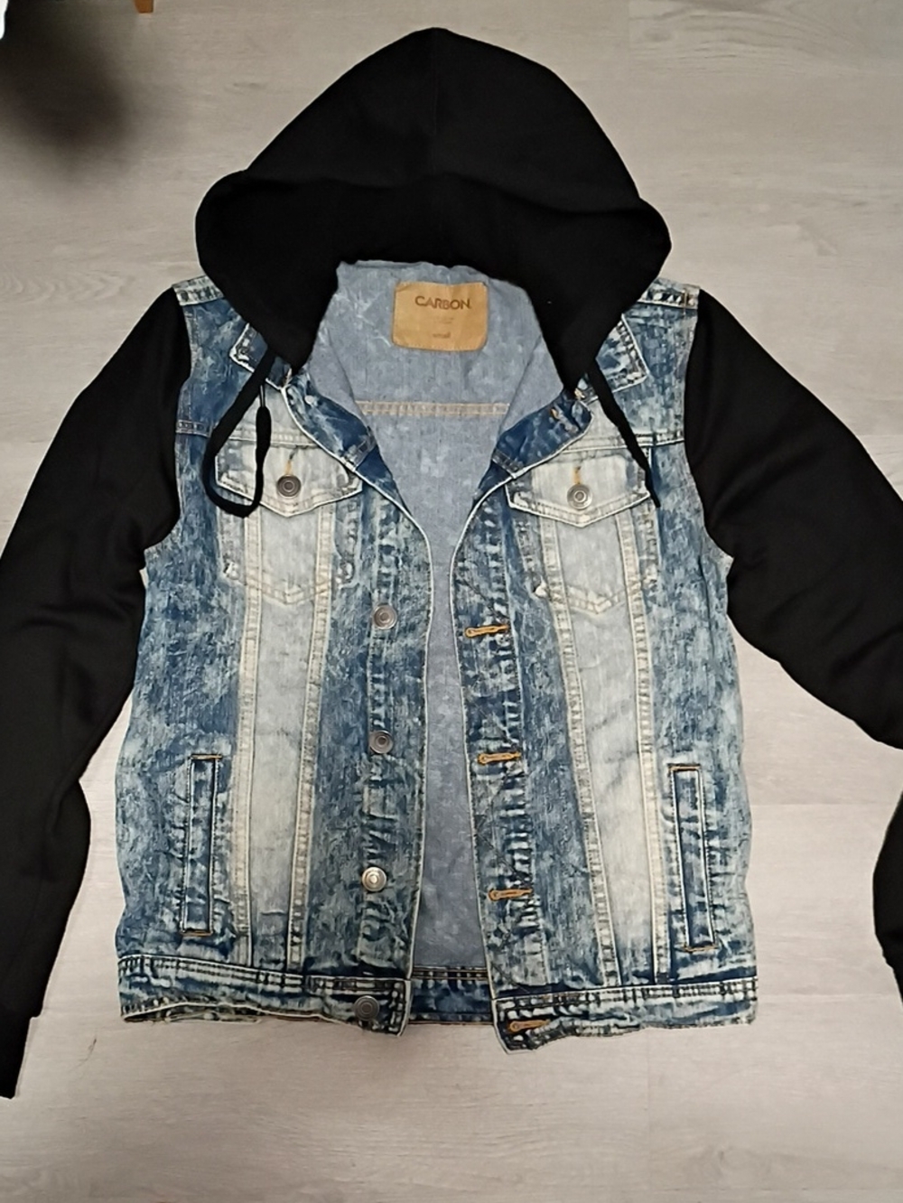 Carbon Acid-Wash Blue Denim Jacket with Black Hooded Sleeves